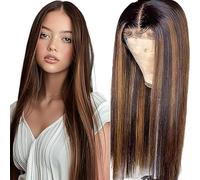 Weeybay Real Hair Wig, Bone Straight Human Hair Wig, 4 x 1 Lace Closure Wig, Women's Glueless Wear and Go with Baby Hair, Bleached Knot Highlight, Brown Colour for Woman, 28 Inches (71 cm)