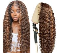 Weeybay Real Hair Wig Deep Wave Human Hair Wig Glueless Wear and Go 4 x 1 Lace Closure Wigs Women with Baby Hair Bleached Knot Highlight Brown Colour for Woman 26 Inches