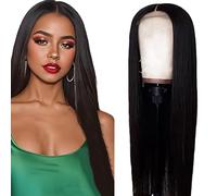 Weeybay Real Hair Wig, Straight Human Hair Wig, Glueless Wear and Go 4 x 1 Lace Closure Wigs, Women's Natural Black Colour with Baby Hair, Bleached Knot for Woman, 26 Inches (66 cm)
