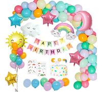 WEEYIN Pastel Rainbow Party Decoration Balloons with Happy Birthday Banner, Clouds Rainbow Sun Moon Star Foil Balloons for Girls Women Kids