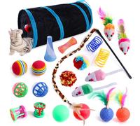 Wefine 22 Pcs Cat Toys for Indoor Kitten, Interactive Cat Kitten Toys Set, Collapsible Cat Tunnel Feather Wand Ball Spring Mice, 22pcs Blue Black