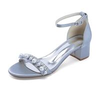 WeFloHsL Block Heel Wedding Sandals Women's Ankle Strap Pearls Satin Open Toe Chunky Heel Bridal Shoes 13091-1DR,Silver,4 UK