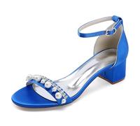 WeFloHsL Block Heel Wedding Sandals Women's Ankle Strap Pearls Satin Open Toe Chunky Heel Bridal Shoes 13091-1DR,Blue,5 UK