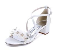 WeFloHsL Chunky Block Heel Wedding Sandals for Bride Women Open Toe Satin Flower Cross Strap Bridal Evening Prom Party Shoes 13091-1AS,White,4 UK