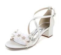 WeFloHsL Chunky Block Heel Wedding Sandals for Bride Women Open Toe Satin Flower Cross Strap Bridal Evening Prom Party Shoes 13091-1AS,Ivory,5 UK