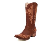 WeFloHsL Cowboy Boots for Women Mid Calf Western Boots Low Heel Embroidery Pull-On Square Toe Winter Cowgirl Boots,Brown,4 UK