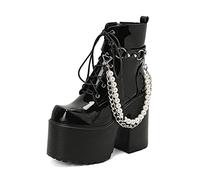 WeFloHsL Goth Punk Platform Ankle Boots for Women Chunky High Heels Pearls Chain Winter Motorcycle Combat Booties,Black Patent,2.5 UK