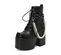 WeFloHsL Goth Punk Platform Ankle Boots for Women Chunky High Heels Pearls Chain Winter Motorcycle Combat Booties,Black Matte,5 UK