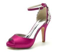 WeFloHsL High Stiletto Heel Platform Wedding Sandals Women's Peep Toe Rhinestones Satin Ankle Strap Bridal Dress Party Shoes 718-155,Fuchsia,5.5 UK