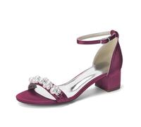 WeFloHsL Low Block Heel Wedding Sandals for Bride Women's Satin Pearls Ankle Strap Open Toe Evening Bridal Shoes 13091-16R,Burgundy,8 UK