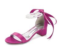 WeFloHsL Pearls Low Block Heel Wedding Sandals for Bride Women Satin Ankle Strap Open Toe Bridal Dress Party Shoes 13091-1SS,Fuchsia,4 UK