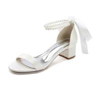 WeFloHsL Pearls Low Block Heel Wedding Sandals for Bride Women Satin Ankle Strap Open Toe Bridal Dress Party Shoes 13091-1SS,Ivory,3.5 UK