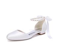 WeFloHsL Pearls Satin Flat Wedding Shoes for Bride Women's Ankle Strap Ballet Pumps Closed Toe Ribbon Tie Dress Bridal Shoes 6688-01A,White,9.5 UK