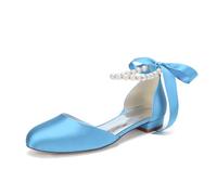 WeFloHsL Pearls Satin Flat Wedding Shoes for Bride Women's Ankle Strap Ballet Pumps Closed Toe Ribbon Tie Dress Bridal Shoes 6688-01A,Sky Blue,6.5 UK