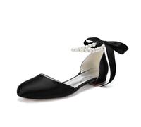 WeFloHsL Pearls Satin Flat Wedding Shoes for Bride Women's Ankle Strap Ballet Pumps Closed Toe Ribbon Tie Dress Bridal Shoes 6688-01A,Black,6.5 UK