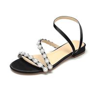 WeFloHsL Pearls Strappy Flat Sandals for Women Open Toe Satin Slingback Ankle Strap Wedding Bridal Prom Dress Sandals,Black,9.5 UK