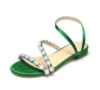 WeFloHsL Pearls Strappy Flat Sandals for Women Open Toe Satin Slingback Ankle Strap Wedding Bridal Prom Dress Sandals,Green,3.5 UK