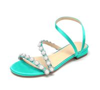 WeFloHsL Pearls Strappy Flat Sandals for Women Open Toe Satin Slingback Ankle Strap Wedding Bridal Prom Dress Sandals,Teal,3.5 UK