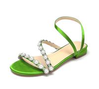 WeFloHsL Pearls Strappy Flat Sandals for Women Open Toe Satin Slingback Ankle Strap Wedding Bridal Prom Dress Sandals,Lime,3.5 UK