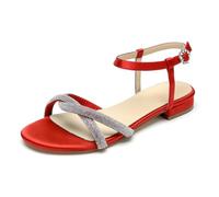 WeFloHsL Rhinestone Strappy Flat Wedding Sandals for Women Satin Sparkly Slingback Open Toe Bridal Party Dress Shoes,Red,7 UK