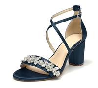 WeFloHsL Rhinestones Chunky Block Heels Dress Sandals for Women Cross Strap Open Toe Satin Wedding Bridal Evening Prom Shoes,Navy,9.5 UK