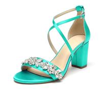 WeFloHsL Rhinestones Chunky Block Heels Dress Sandals for Women Cross Strap Open Toe Satin Wedding Bridal Evening Prom Shoes,Teal,3.5 UK