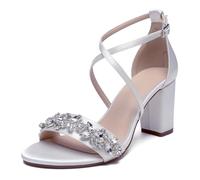 WeFloHsL Rhinestones Chunky Block Heels Dress Sandals for Women Cross Strap Open Toe Satin Wedding Bridal Evening Prom Shoes,White,9.5 UK