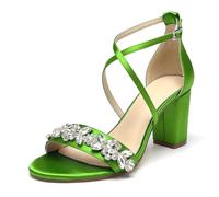 WeFloHsL Rhinestones Chunky Block Heels Dress Sandals for Women Cross Strap Open Toe Satin Wedding Bridal Evening Prom Shoes,Lime,3.5 UK