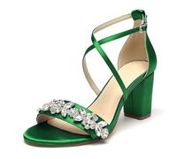 WeFloHsL Rhinestones Chunky Block Heels Dress Sandals for Women Cross Strap Open Toe Satin Wedding Bridal Evening Prom Shoes,Green,3.5 UK