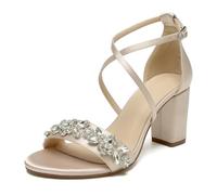 WeFloHsL Rhinestones Chunky Block Heels Dress Sandals for Women Cross Strap Open Toe Satin Wedding Bridal Evening Prom Shoes,Champagne,6.5 UK