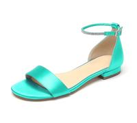 WeFloHsL Satin Flats Wedding Sandals for Bride Women's Open Toe Ankle Strap Flat Bridal Dress Beach Sandals,Teal,3.5 UK
