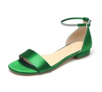 WeFloHsL Satin Flats Wedding Sandals for Bride Women's Open Toe Ankle Strap Flat Bridal Dress Beach Sandals,Green,3.5 UK