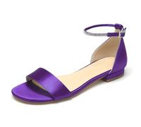 WeFloHsL Satin Flats Wedding Sandals for Bride Women's Open Toe Ankle Strap Flat Bridal Dress Beach Sandals,Purple,6.5 UK