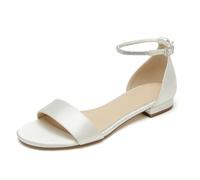 WeFloHsL Satin Flats Wedding Sandals for Bride Women's Open Toe Ankle Strap Flat Bridal Dress Beach Sandals,Ivory,6.5 UK
