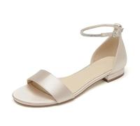 WeFloHsL Satin Flats Wedding Sandals for Bride Women's Open Toe Ankle Strap Flat Bridal Dress Beach Sandals,Champagne,6.5 UK