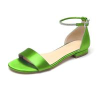 WeFloHsL Satin Flats Wedding Sandals for Bride Women's Open Toe Ankle Strap Flat Bridal Dress Beach Sandals,Lime,3.5 UK