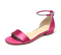 WeFloHsL Satin Flats Wedding Sandals for Bride Women's Open Toe Ankle Strap Flat Bridal Dress Beach Sandals,Fuchsia,8.5 UK