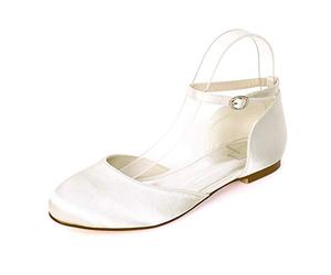 WeFloHsL Women Ankle Strap Ballet Pumps Round Closed Toe Satin Flat Prom Wedding Bridal Shoes 9872-14A,Ivory,10 UK