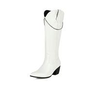 WeFloHsL Women Chunky Heel Cowboy Western Boots Chain Pointed Toe Mid Calf Boots with Pull-Up Tabs,White,5.5 UK