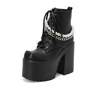 WeFloHsL Women Chunky High Heel Platform Combat Boots Chain Pearls Lace Up Goth Punk Winter Ankle Booties,Black,6.5 UK