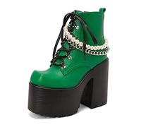 WeFloHsL Women Chunky High Heel Platform Combat Boots Chain Pearls Lace Up Goth Punk Winter Ankle Booties,Green,8 UK
