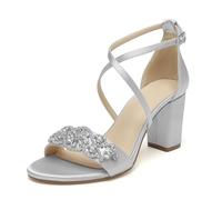 WeFloHsL Women Cross Strap Chunky Block Heel Bridal Sandals Satin Rhinestones Open Toe Formal Party Evening Wedding Shoes,Silver,5 UK