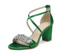 WeFloHsL Women Cross Strap Chunky Block Heel Bridal Sandals Satin Rhinestones Open Toe Formal Party Evening Wedding Shoes,Green,3.5 UK