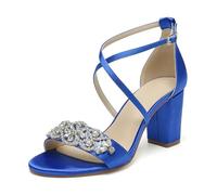 WeFloHsL Women Cross Strap Chunky Block Heel Bridal Sandals Satin Rhinestones Open Toe Formal Party Evening Wedding Shoes,Blue,5 UK