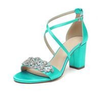 WeFloHsL Women Cross Strap Chunky Block Heel Bridal Sandals Satin Rhinestones Open Toe Formal Party Evening Wedding Shoes,Teal,3.5 UK
