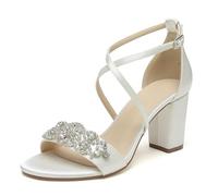 WeFloHsL Women Cross Strap Chunky Block Heel Bridal Sandals Satin Rhinestones Open Toe Formal Party Evening Wedding Shoes,Ivory,9.5 UK