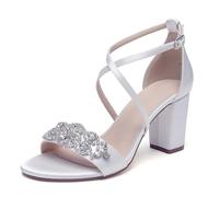 WeFloHsL Women Cross Strap Chunky Block Heel Bridal Sandals Satin Rhinestones Open Toe Formal Party Evening Wedding Shoes,White,9.5 UK