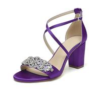 WeFloHsL Women Cross Strap Chunky Block Heel Bridal Sandals Satin Rhinestones Open Toe Formal Party Evening Wedding Shoes,Purple,8 UK