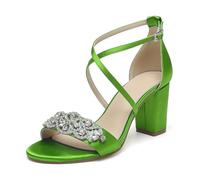 WeFloHsL Women Cross Strap Chunky Block Heel Bridal Sandals Satin Rhinestones Open Toe Formal Party Evening Wedding Shoes,Lime,3.5 UK