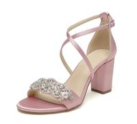 WeFloHsL Women Cross Strap Chunky Block Heel Bridal Sandals Satin Rhinestones Open Toe Formal Party Evening Wedding Shoes,Blush,8.5 UK